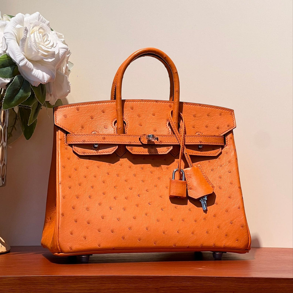 KELLY SELLIER 25 BAG IN FIRE ORANGE OSTRICH LEATHER WITH SILVER HARDWARE (MADE-TO-ODER)