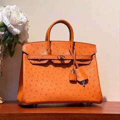 KELLY SELLIER 25 BAG IN FIRE ORANGE OSTRICH LEATHER WITH SILVER HARDWARE (MADE-TO-ODER)