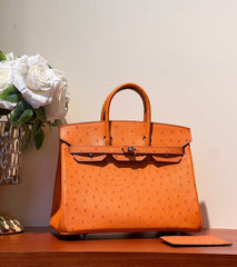 KELLY SELLIER 25 BAG IN FIRE ORANGE OSTRICH LEATHER WITH SILVER HARDWARE (MADE-TO-ODER)