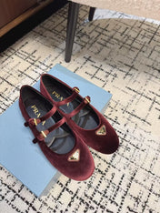 MARY JANE FLAT WITH TRIANGLE LOGO IN SANGRIA RED VELVET