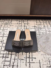 SLIPPERS IN BLACK SATIN MIX CALFSKIN