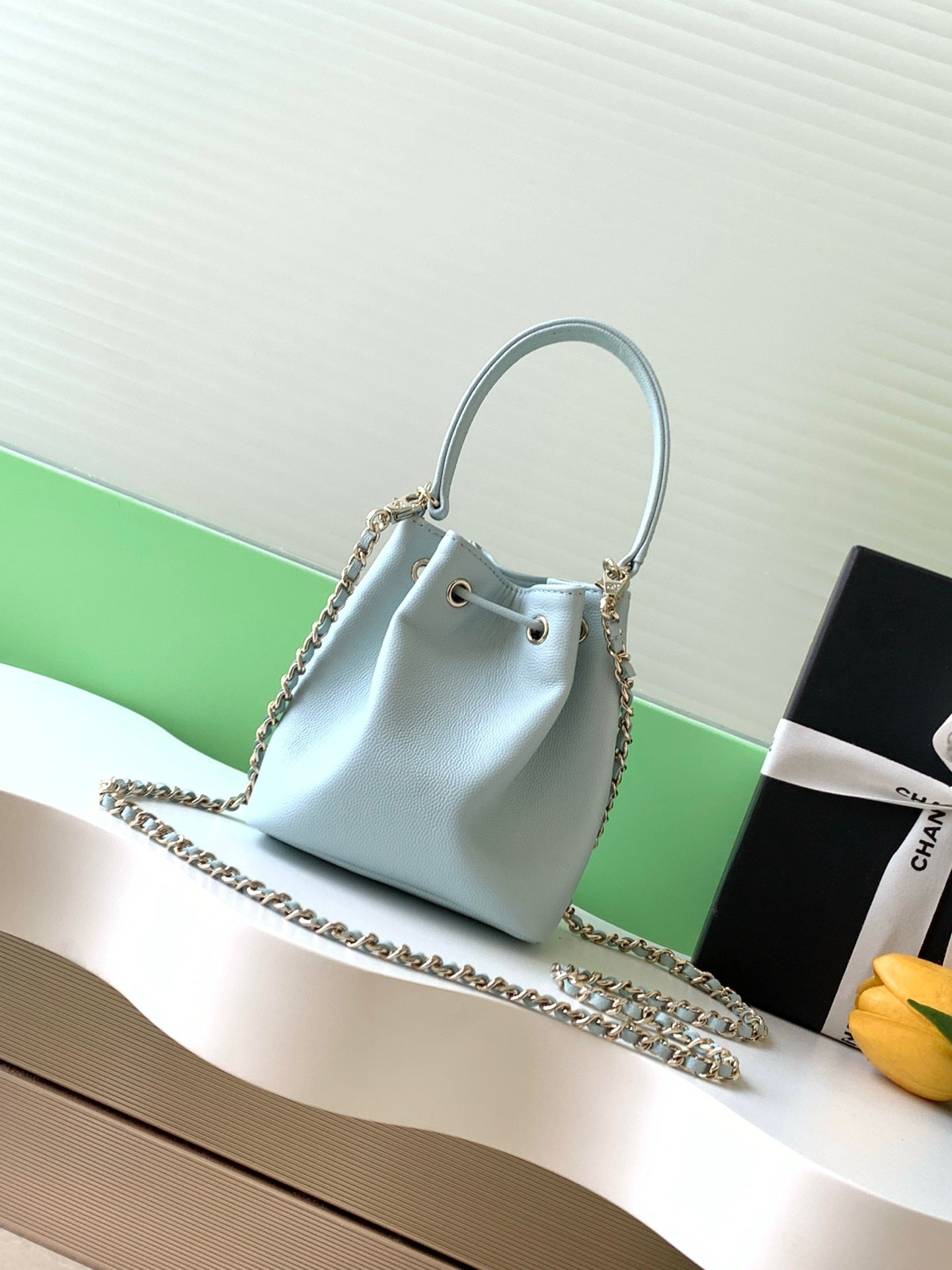 CHANEL 25S MINI BUCKET BAG 12 IN LIGHT BLUE CALFSKIN GOLD HARDWARE