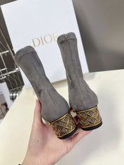 ICON HEELED ANKLE BOOT DOVE GRAY SUEDE 4 CM WITH GOLD LOGO