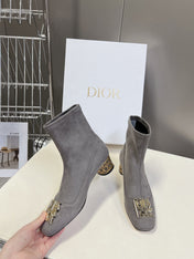 ICON HEELED ANKLE BOOT DOVE GRAY SUEDE 4 CM WITH GOLD LOGO