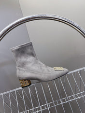 ICON HEELED ANKLE BOOT DOVE GRAY SUEDE 4 CM WITH GOLD LOGO