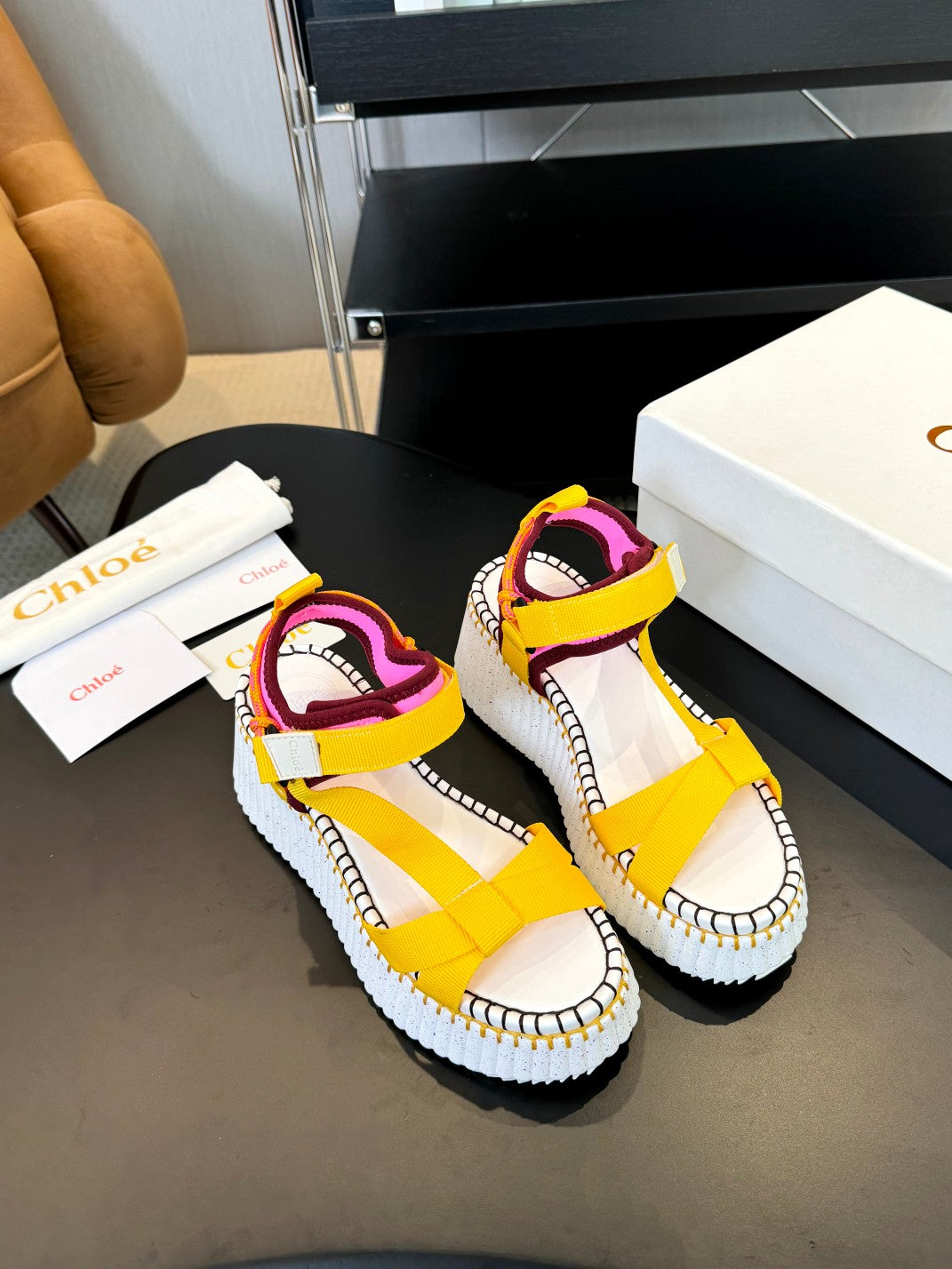 NAMA WEDGE SANDALS IN BRIGHT YELLOW FABRIC AND WHITE RUBBER