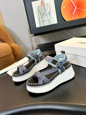 NAMA WEDGE SANDALS IN GREY FABRIC AND WHITE RUBBER