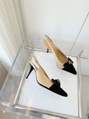 SLINGBACKS 80 MM IN BEIGE CALFSKIN AND BLACK CANVAS