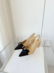 SLINGBACKS 65 MM IN BEIGE CALFSKIN AND BLACK CANVAS