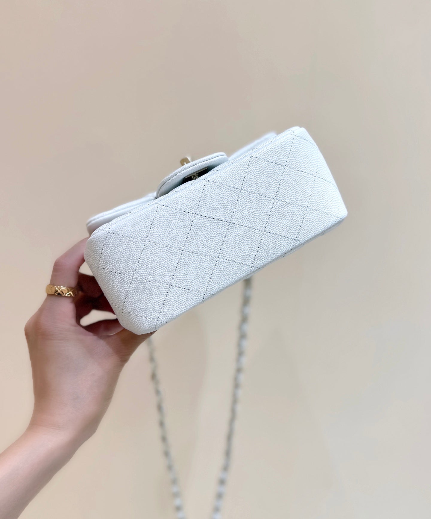 CHANEL 25S MINI SQUARE FLAP BAG 17 IN WHITE CALFSKIN CAVIAR GOLD HARDWARE