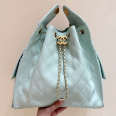 CHANEL 25S HANDBAG IN PALE CYAN 40 GRAINED CALFSKIN GOLD HARDWARE