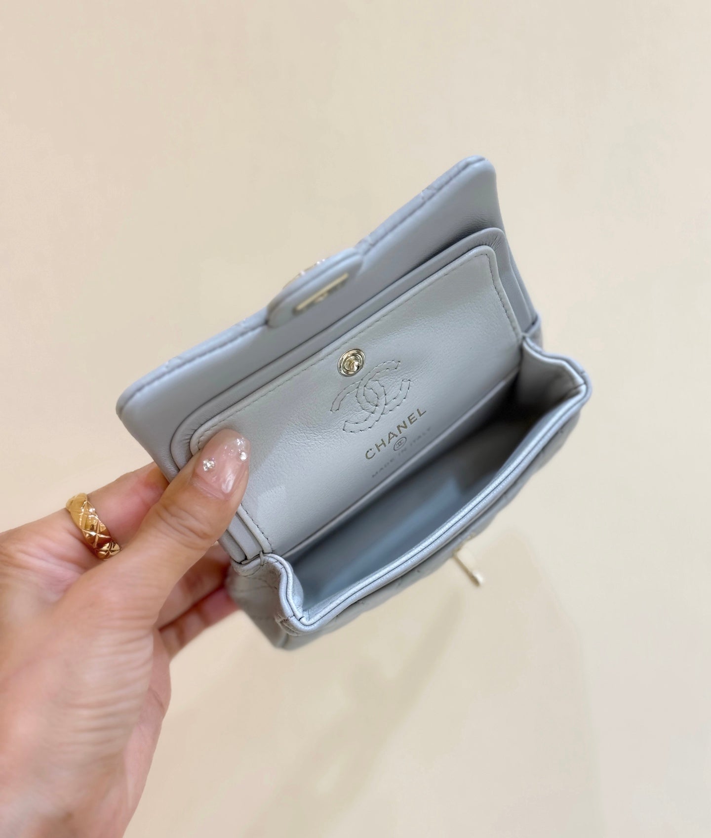 CHANEL 25S FLAP CHARM BAG 13 IN SKY BLUE LAMBSKIN