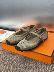 KICHU BALLET FLAT IN MOCHA BROWN CROCHET KNIT AND CALFSKIN