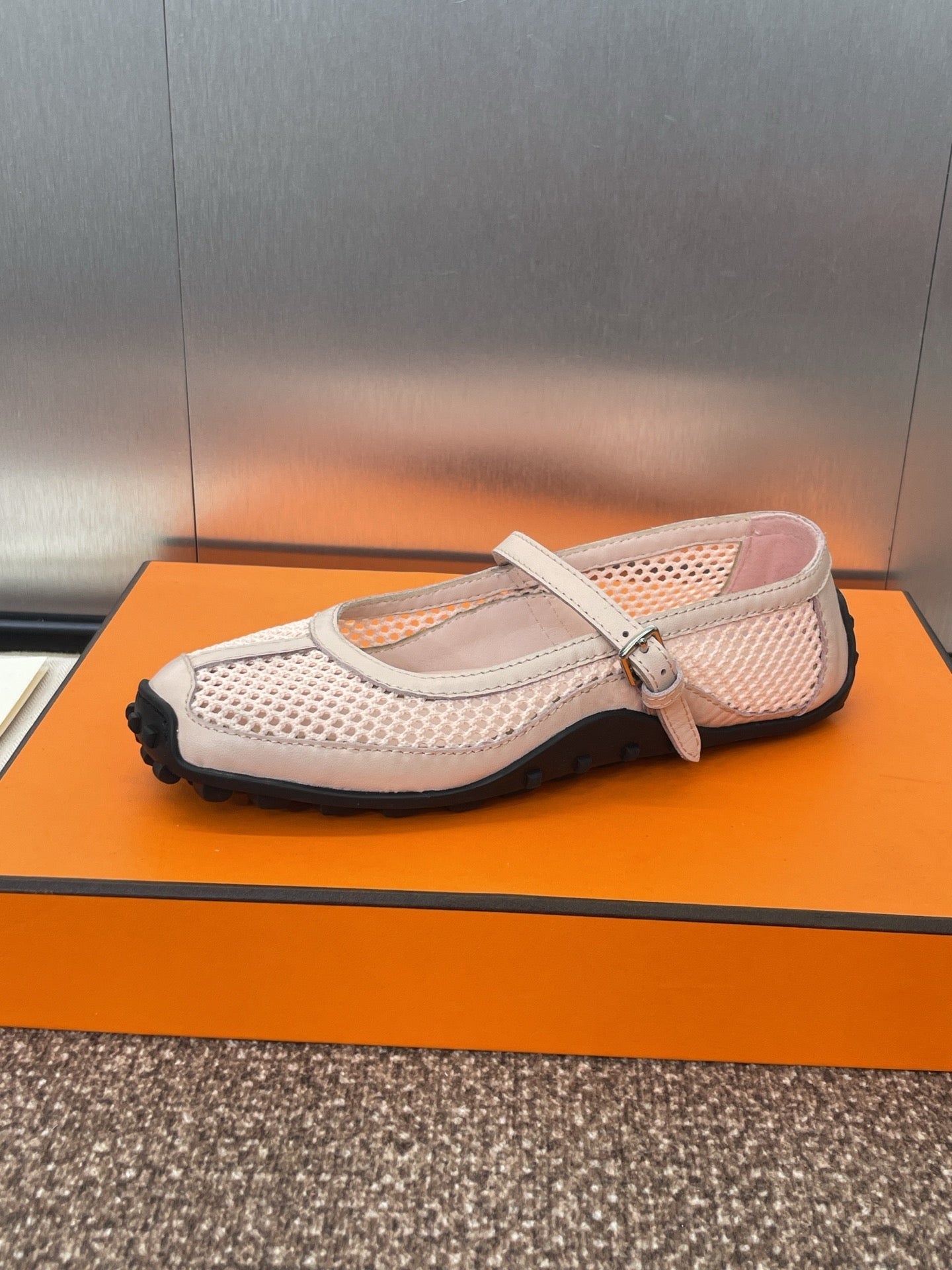 KICHU BALLET FLAT IN LIGHT PINK CROCHET KNIT AND CALFSKIN