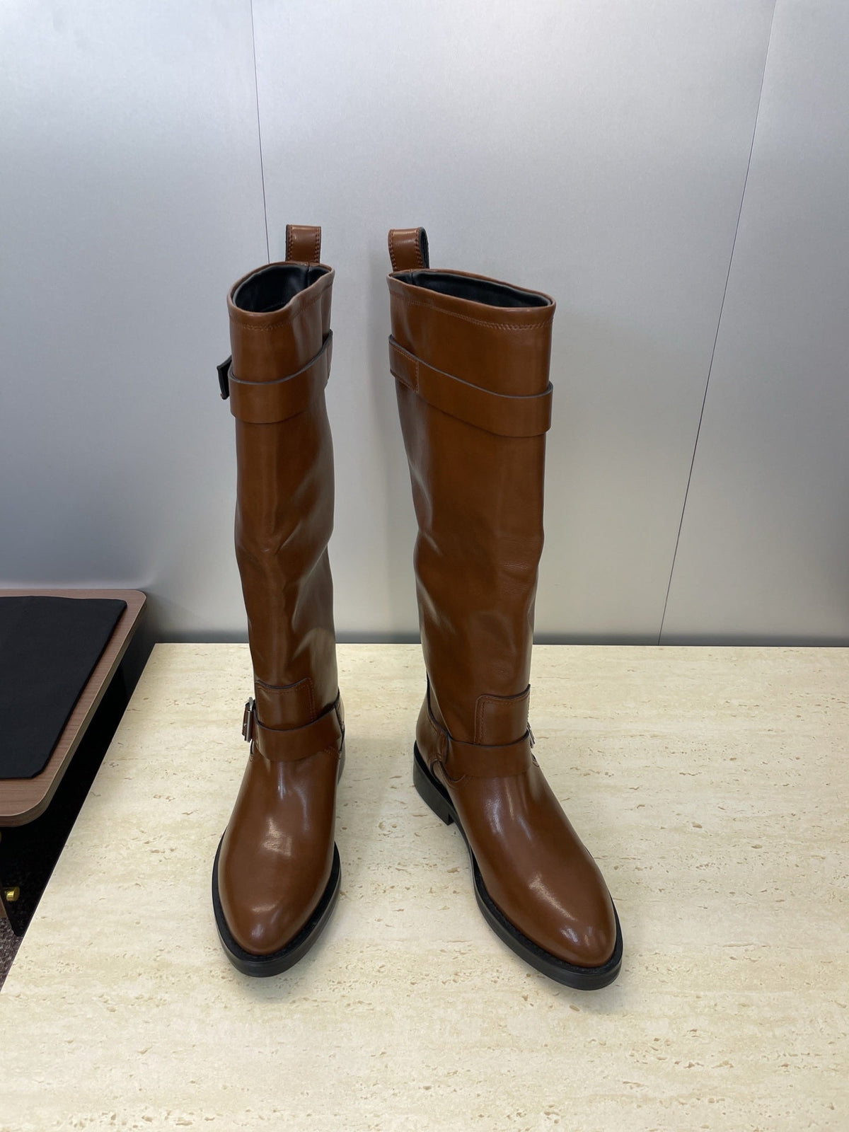 YSL 25S KNEE-HIGH BOOTS 30 MM IN BROWN LAMBSKIN WITH SILVER HARDWARE