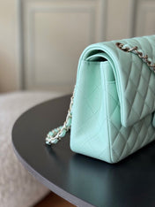 CHANEL 25S CLASSIC FLAP BAG 25 CM IN LIGHT CYAN BLUE LAMBSKIN WITH GOLD HARDWARE