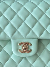 CHANEL 25S CLASSIC FLAP BAG 25 CM IN LIGHT CYAN BLUE LAMBSKIN WITH GOLD HARDWARE