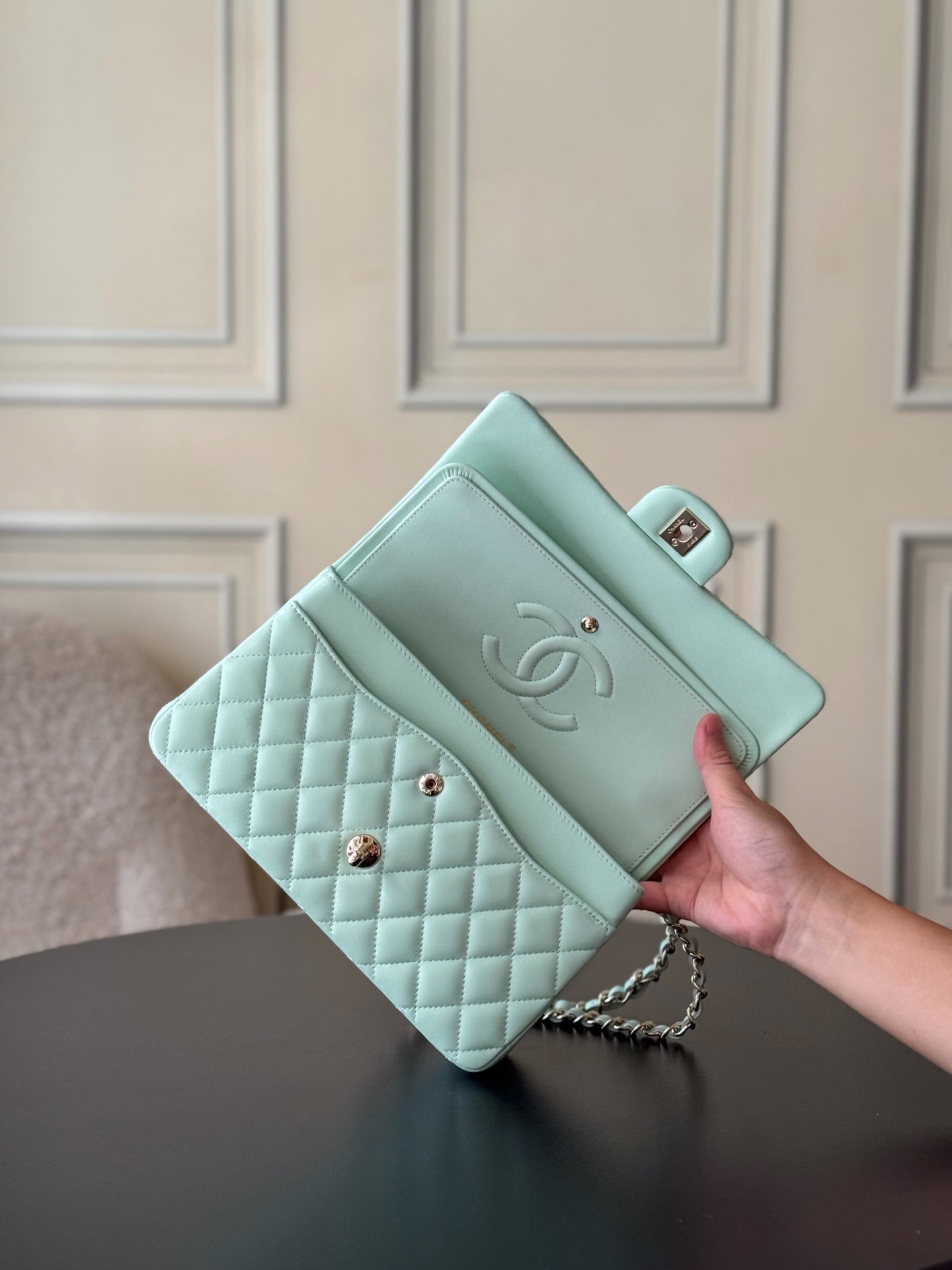 CHANEL 25S CLASSIC FLAP BAG 25 CM IN LIGHT CYAN BLUE LAMBSKIN WITH GOLD HARDWARE