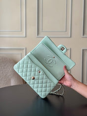 CHANEL 25S CLASSIC FLAP BAG 25 CM IN LIGHT CYAN BLUE LAMBSKIN WITH GOLD HARDWARE