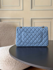 CHANEL 25S CLASSIC FLAP BAG 25 CM IN LIGHT BLUE LAMBSKIN WITH GOLD HARDWARE
