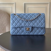 CHANEL 25S CLASSIC FLAP BAG 25 CM IN LIGHT BLUE LAMBSKIN WITH GOLD HARDWARE