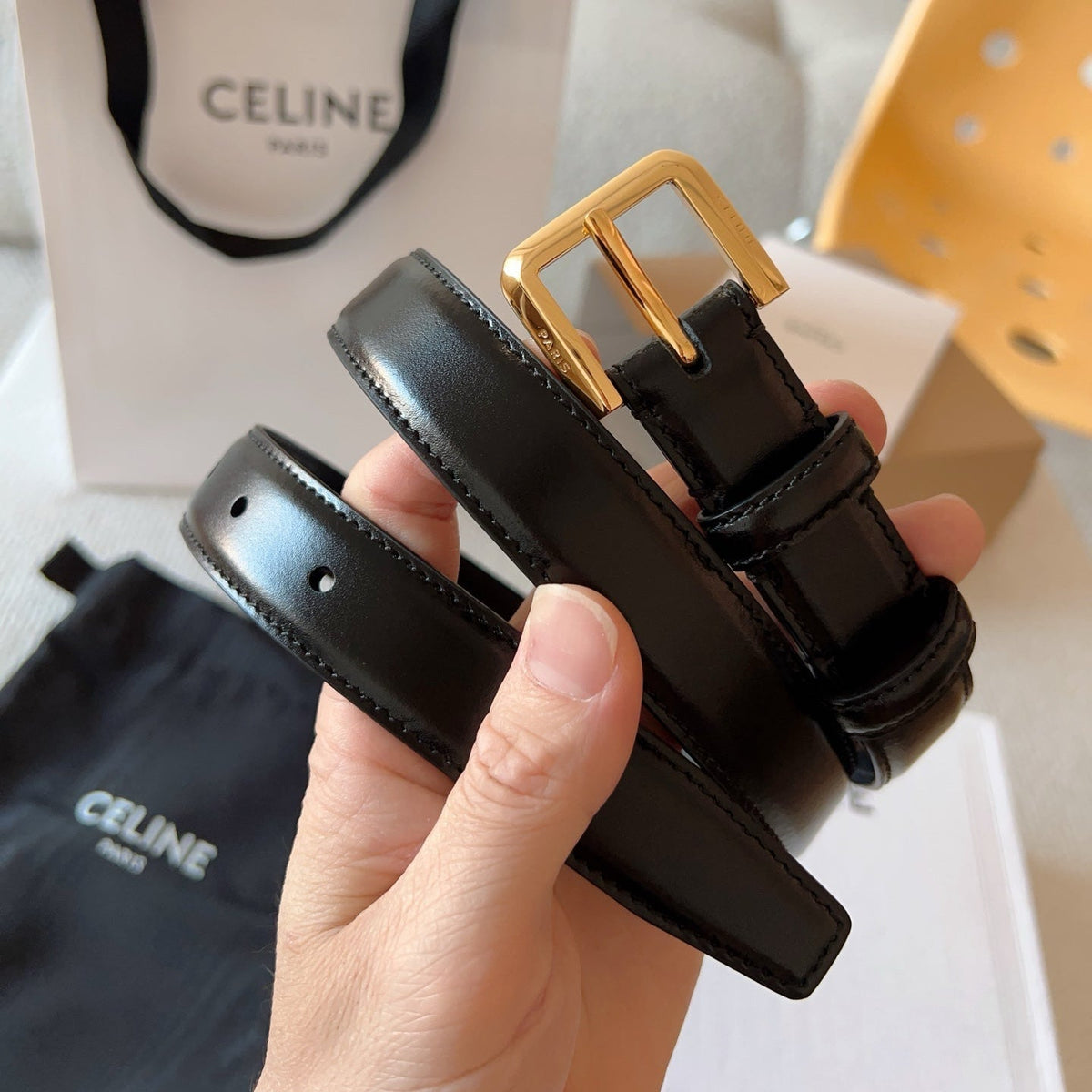 CELINE 25S BELT 25MM IN BLACK CALFSKIN GOLD HARDWARE 561796