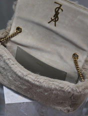 KATE FLAP BAG 28 IN ECRU BEIGE RABBIT FUR GOLD CHAIN