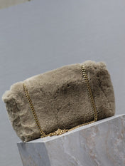 KATE FLAP BAG 28 IN ECRU BEIGE RABBIT FUR GOLD CHAIN