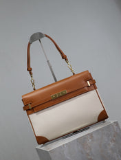 MANHATTAN HANDBAG 32 IN BROWN CALFSKIN AND WHITE CANVAS GOLD HARDWARE