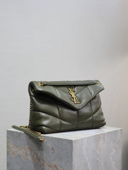 YSL 25S LOULOU PUFFER MM 29 IN DARK OLIVE CALFSKIN GOLD HARDWRE