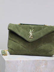 YSL 25S LOULOU PUFFER MINI 23 IN GREEN SUEDE GOLD HARDWRE