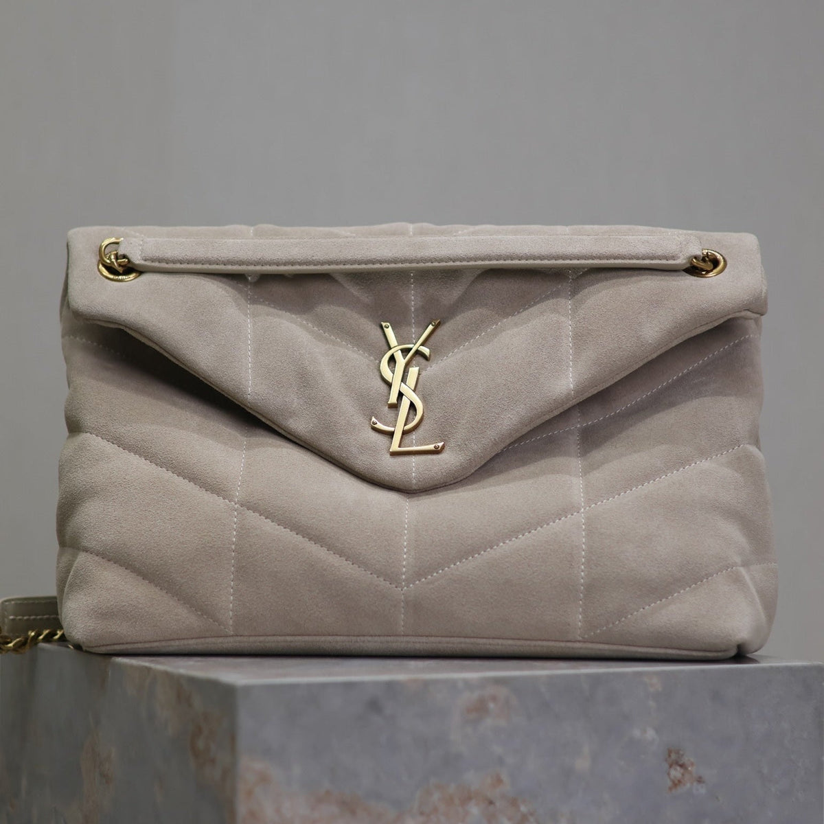 YSL 25S LOULOU PUFFER GM 35 IN SMOKEY TAUPE SUEDE GOLD HARDWARE