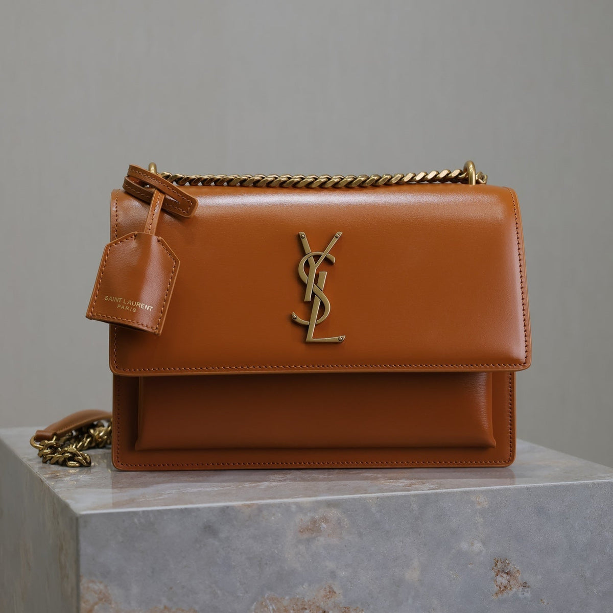 YSL 25S SUNSET BAG 22 IN DARK CARAMEL CALFSKIN GOLD HARDWRE