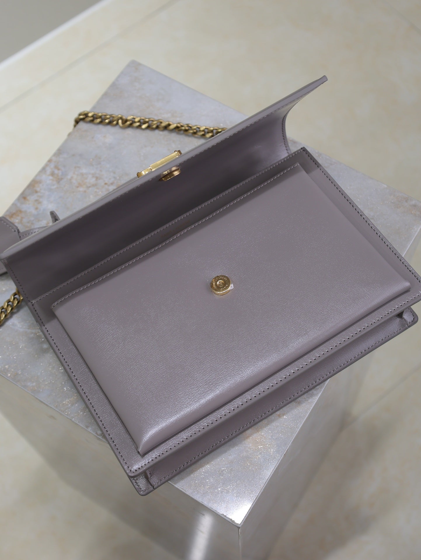 YSL 25S SUNSET MM 25 IN GRAYISH PURPLE CALFSKIN GOLD HARDWARE