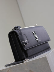 YSL 25S SUNSET MEDIUM 22 IN BLACK GRAINED CALFSKIN SILVER HARDWRE