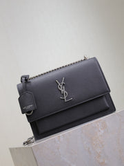 YSL 25S SUNSET MEDIUM 22 IN BLACK GRAINED CALFSKIN SILVER HARDWARE