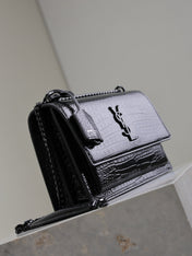 YSL 25S SUNSET MEDIUM 22 IN BLACK CROCODILE-EMBOSSED SHINY CALFSKIN BLACK HARDWRE