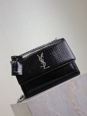 YSL 25S SUNSET MEDIUM 22 IN BLACK CROCODILE-EMBOSSED SHINY CALFSKIN SILVER HARDWRE