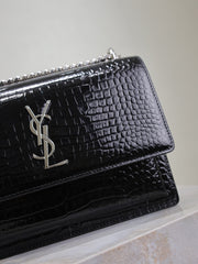 YSL 25S SUNSET MEDIUM 22 IN BLACK CROCODILE-EMBOSSED SHINY CALFSKIN SILVER HARDWARE