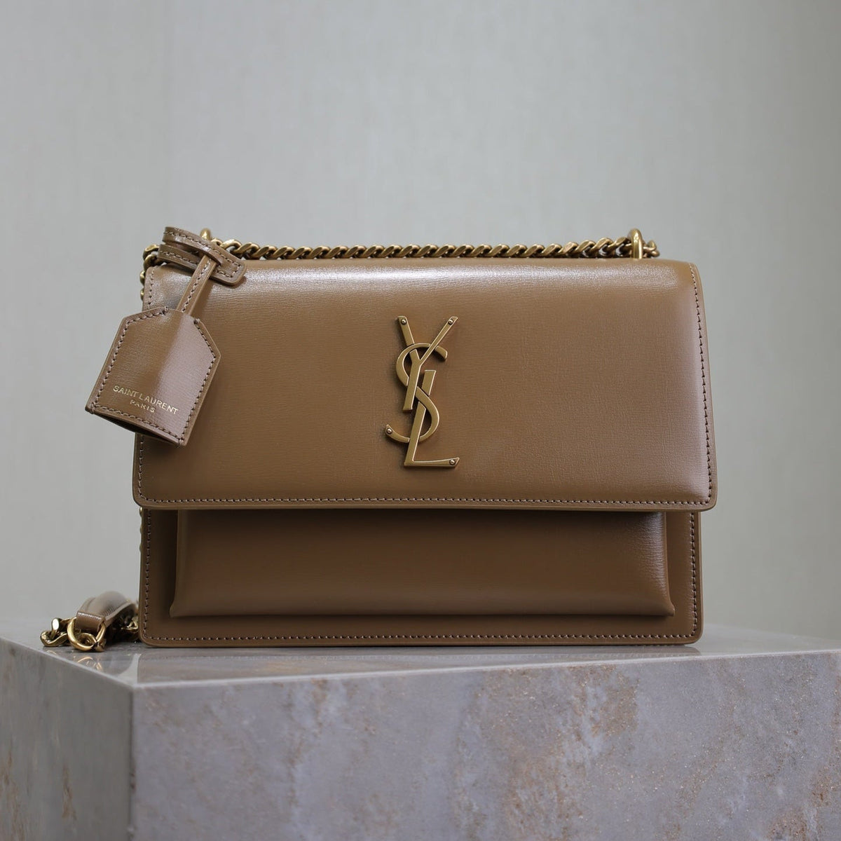 YSL 25S SUNSET BAG 22 IN BROWN CALFSKIN GOLD HARDWARE