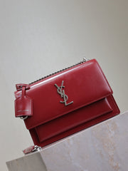 YSL 25S SUNSET BAG 22 IN CRIMSON RED CALFSKIN SILVER HARDWARE