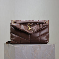 YSL 25S LOULOU PUFFER MM 29 IN DARK BROWN CALFSKIN GOLD HARDWARE