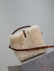 LE 37 MINI BUCKET BAG 15 IN CREAM SHEARLING AND BROWN LEATHER TRIM