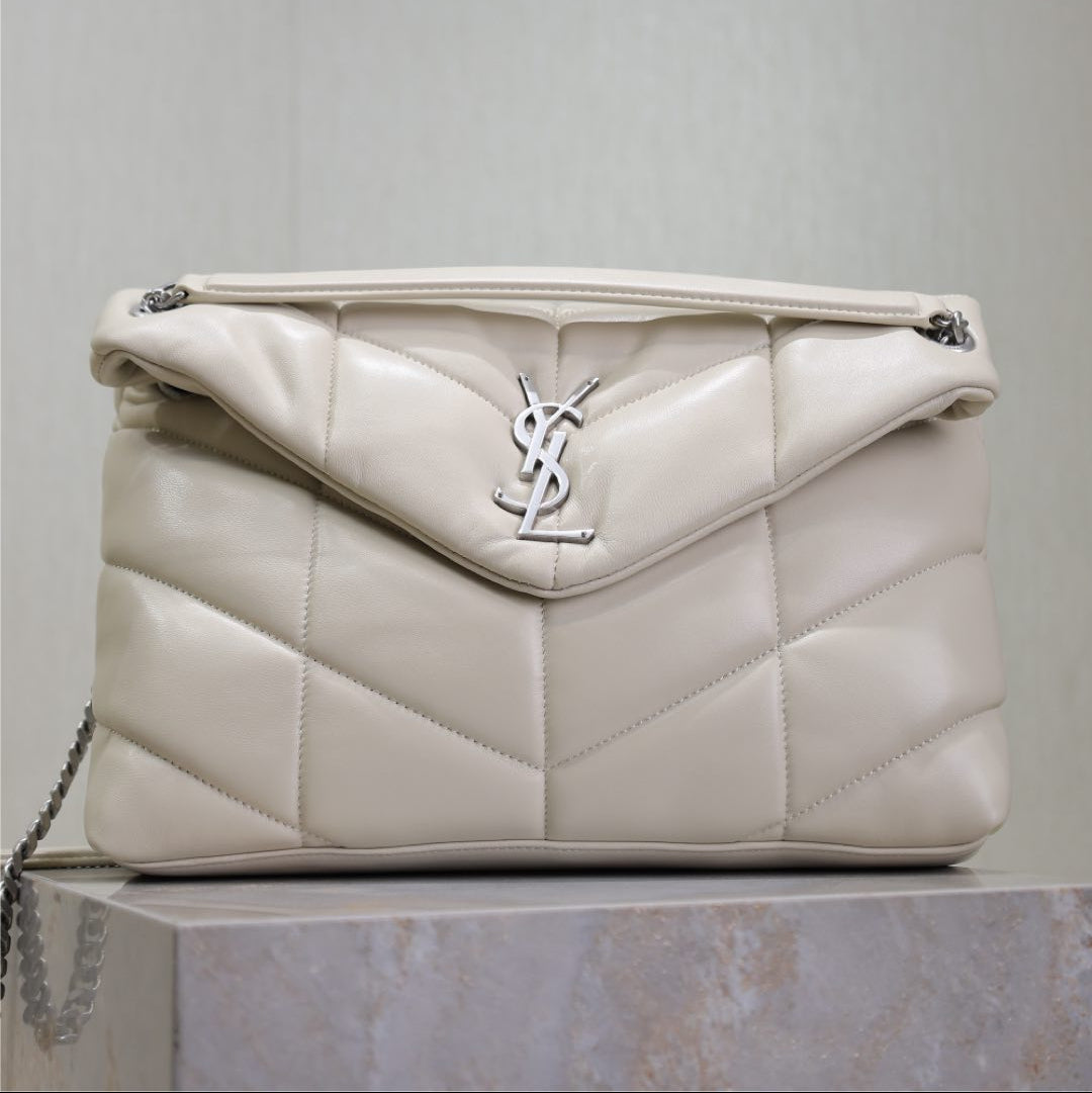 YSL 25S LOULOU PUFFER GM 35 IN SMOKEY TAUPE CALFSKIN SILVER HARDWARE