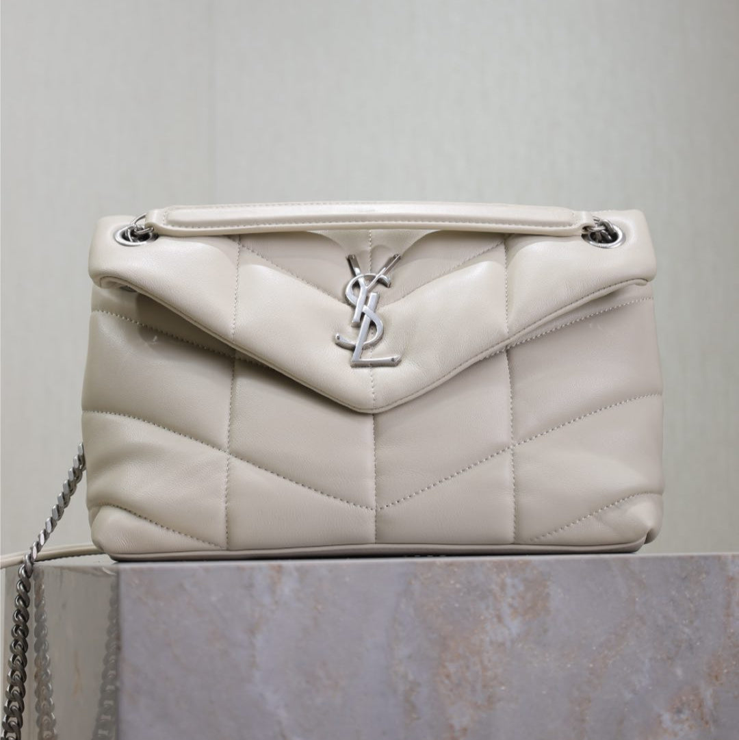 YSL 25S LOULOU PUFFER MM 29 IN SMOKEY TAUPE CALFSKIN SILVER HARDWRE