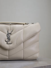 YSL 25S LOULOU PUFFER MINI 23 IN SMOKEY TAUPE CALFSKIN SILVER HARDWARE