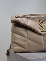 YSL 25S LOULOU PUFFER GM 35 IN BROWN CALFSKIN GOLD HARDWARE