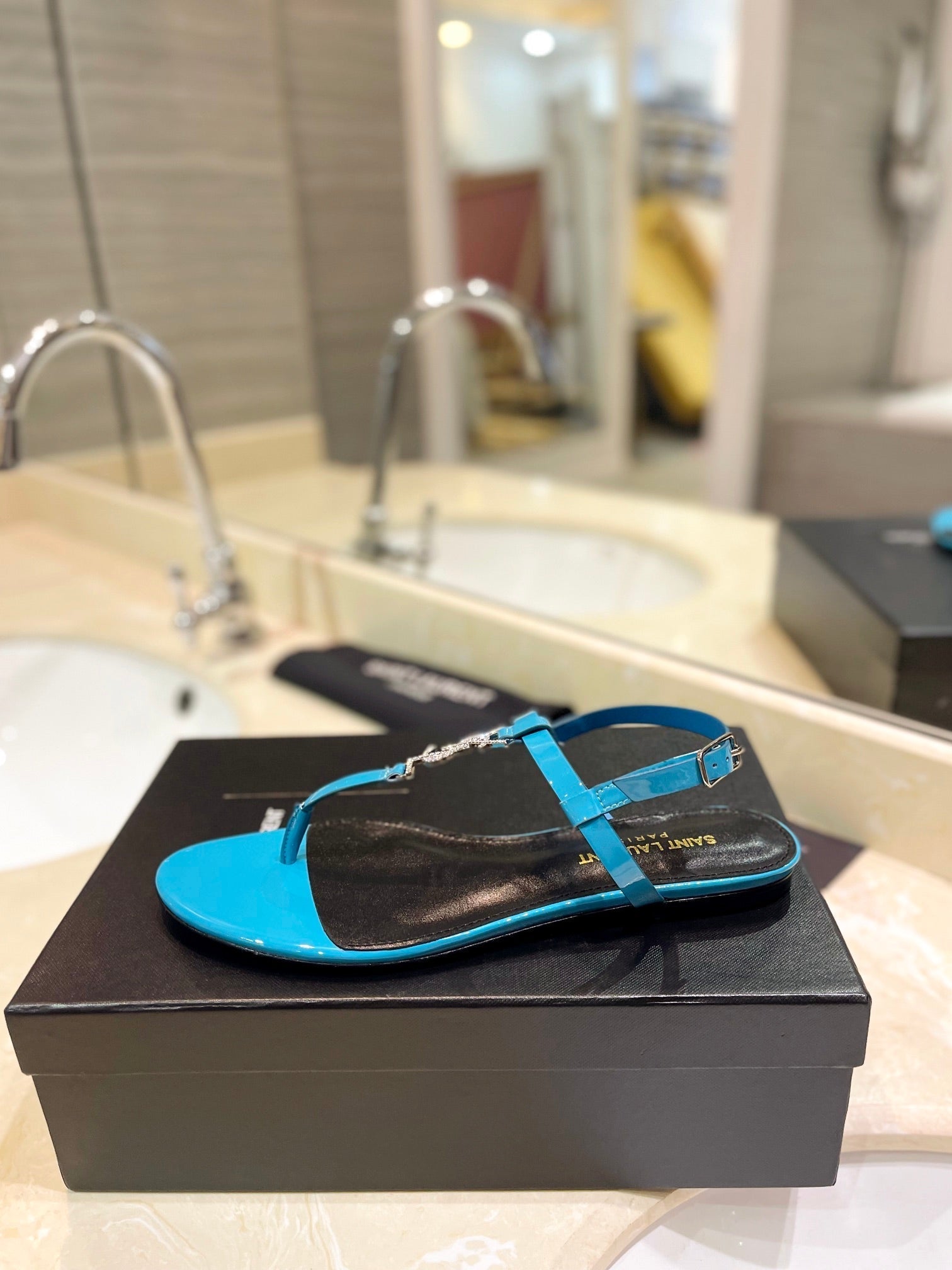 SL CASSANDRA SANDALS CERULEAN POLISHED CALFSKIN