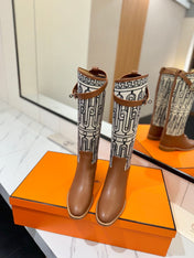 JUMPING BOOT 2 CM IN BRONZE BROWN CALFSKIN AND BLACK MIX WHITE FABRIC