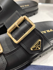 PRA STRAP SLIDES SANDALS BLACK CALFSKIN